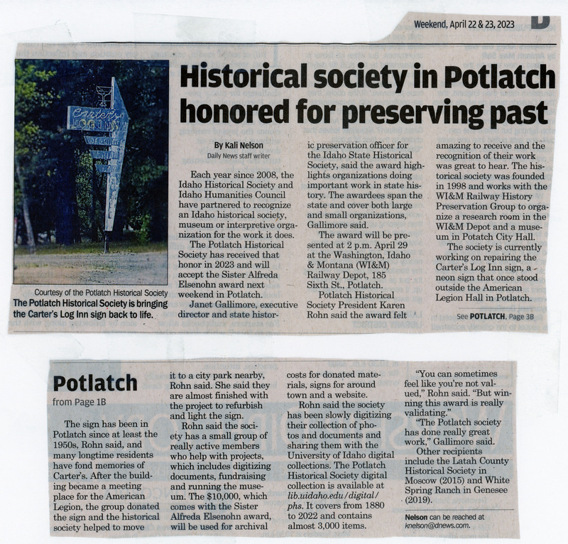 Newspaper clipping: Historical Society in Potlatch honored for preserving past.