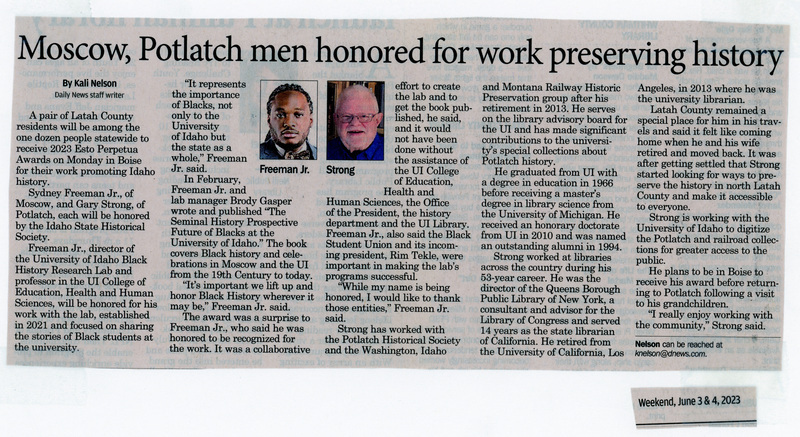 Newspaper clipping: Moscow, Potlatch men honored for work preserving history.