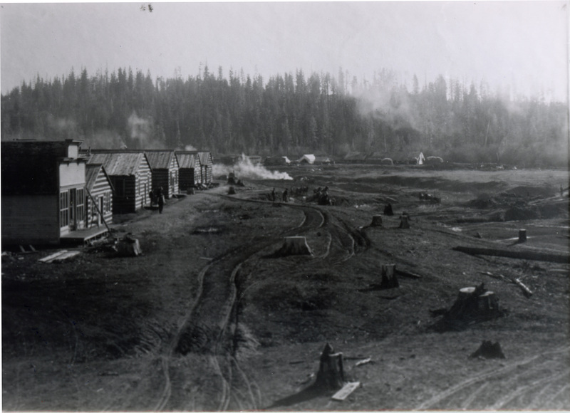 Photograph of buildings in early Potlatch west of Nob Hill with Commisary store on the left and log pond to the right.