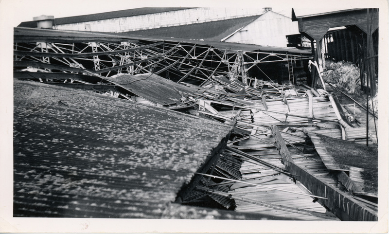 Photograph of the collapsed roof over the planer due to overload of snow.