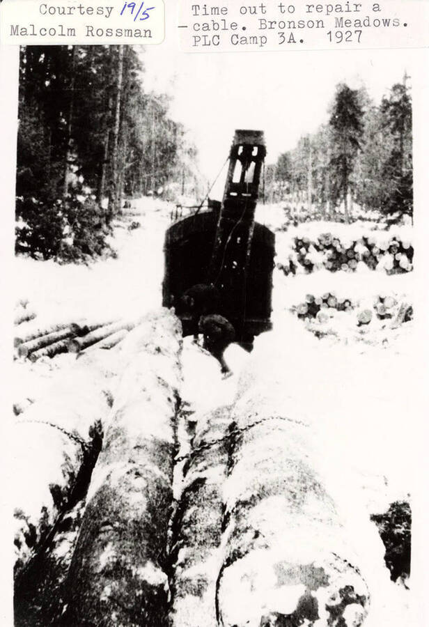 A time out at PLC Camp 3A in order to repair a cable on a logging equipment. A stack of logs can be seen stacked around the piece of equipment