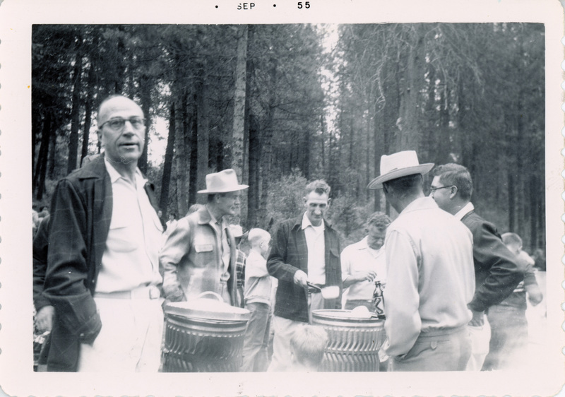 Photograph of Chet Yangel, George McCleery, Jim O"Reilly;Ted Saad, Tom Kieser, and Bill Lemke at the Bovill PFI picnic.