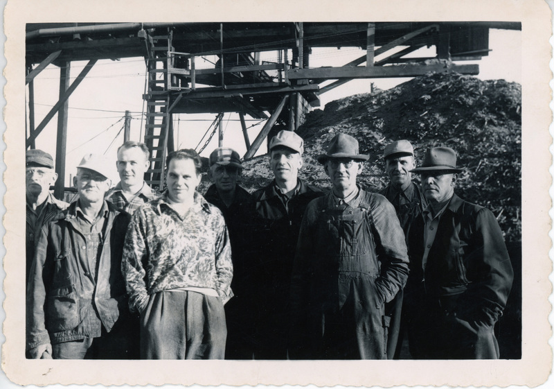Photograph of a group of men at the Potlatch Mill: Mark Seymour, Jr.; Bernie Hanson; Art Sonveide; Gaylord Richardson; Henery Ulinder;Swank, Ernie; Art Sundberg;Louie Young; DanDevine.