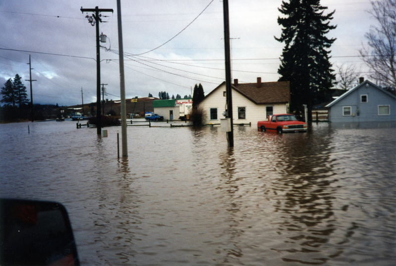 Photograph of a flood around Potlatch.