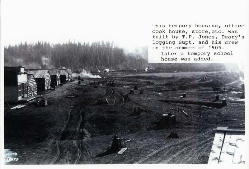 Photograph of temporary housing, office, cook house, and store in Potlatch.