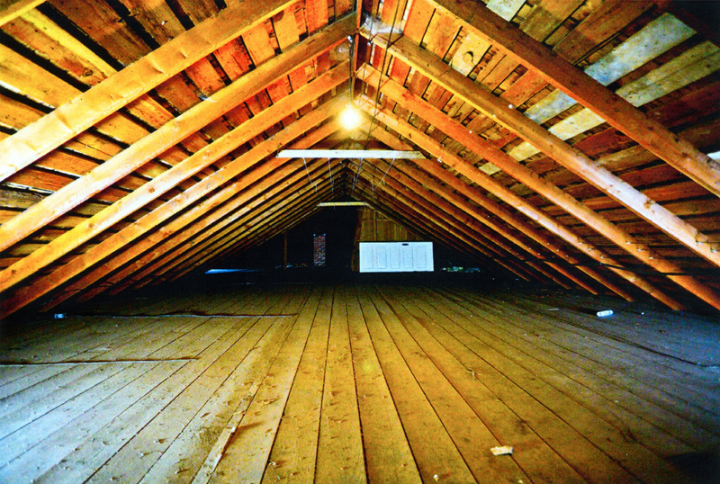 Photograph of the floor and roof rafters in the attic of the Potlatch hosital.