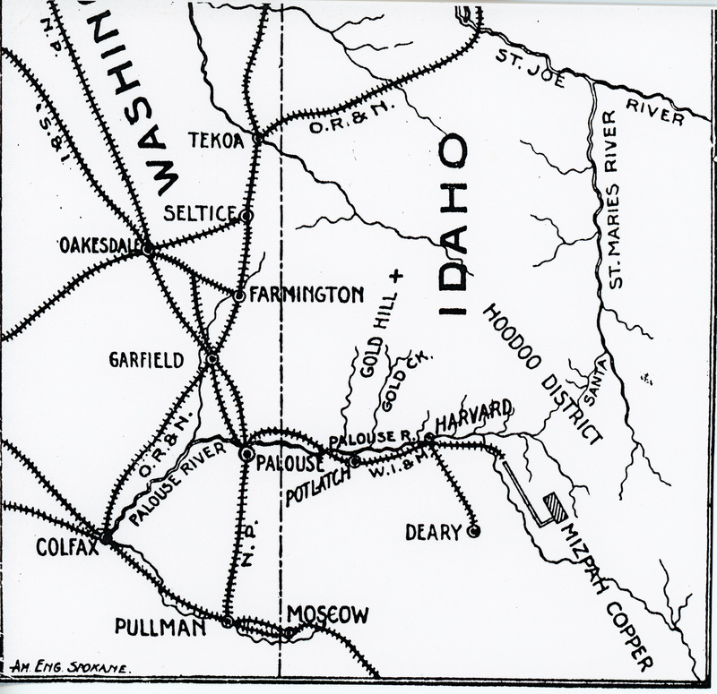 Map of the WI&M spur from Harvard to the Mizpah Mine. There was never a spur to the mine, which was located at the headwaters of the Palouse River in the Hoodoo Mountains. Copper ore in sacks was hauled by team and wagon to the railroad in Harvard and shipped to the smelter.