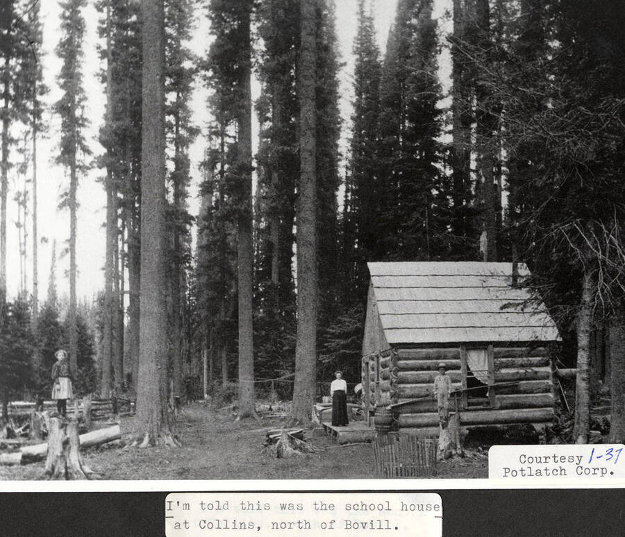 View of the school house at Collins area, which is north of Bovill, Idaho. A woman and two children can be seen standing outside the school house.