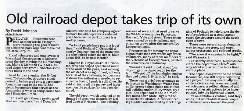 Newspaper article by David Johnson, "Old railroad depot takes trip of its own."