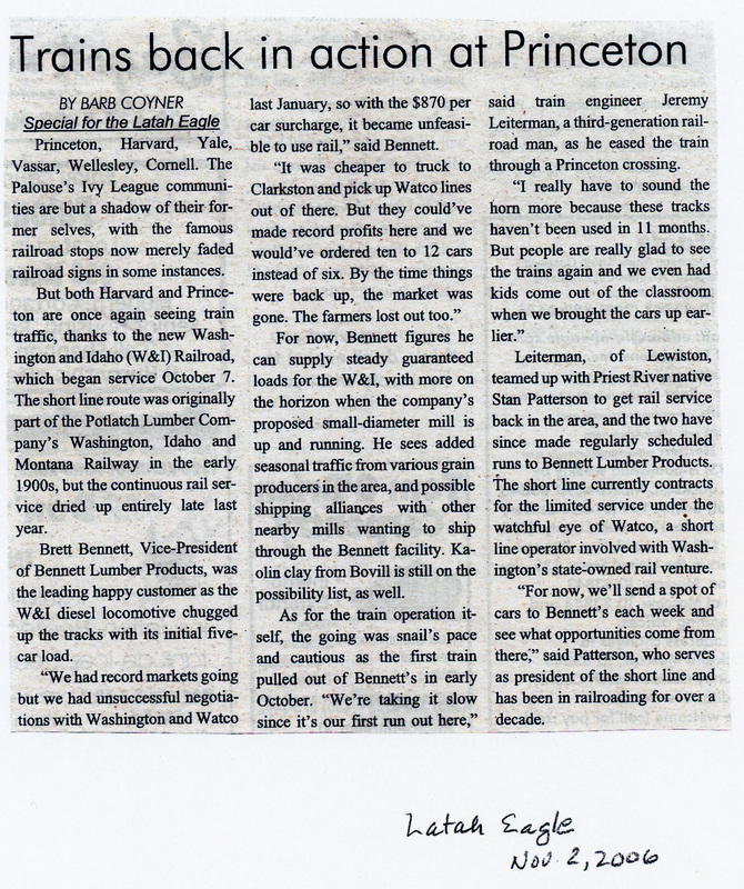 Newspaper article by Barb Coyner, "Trains back in action at Princeton."