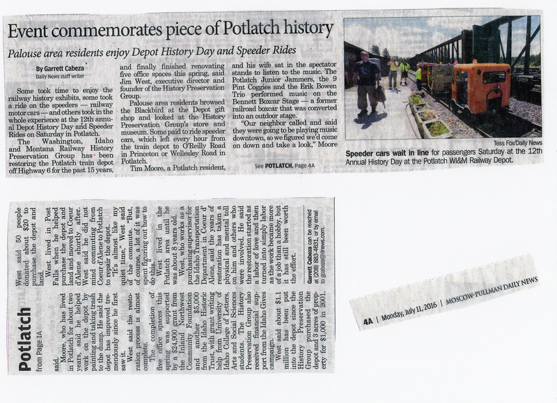 Newspaper article by Garrrett Cabeza, "Event commemorates piece of Potlatch history." Palouse area residents enjoy Depot History Day and Speeker rides.
