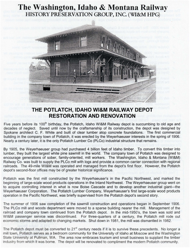 Flyer outline the restoration and renovation of the Potlatch, Idaho WI&M Railway Depot.