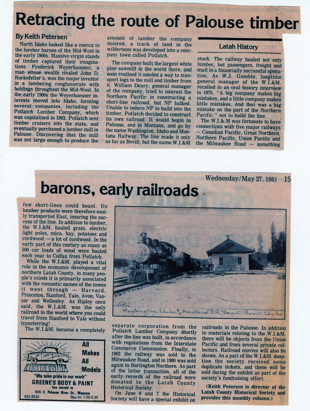 Newspaper article by Keith Petersen, "Retracing the route of Palouse timber barons, early railroads."
