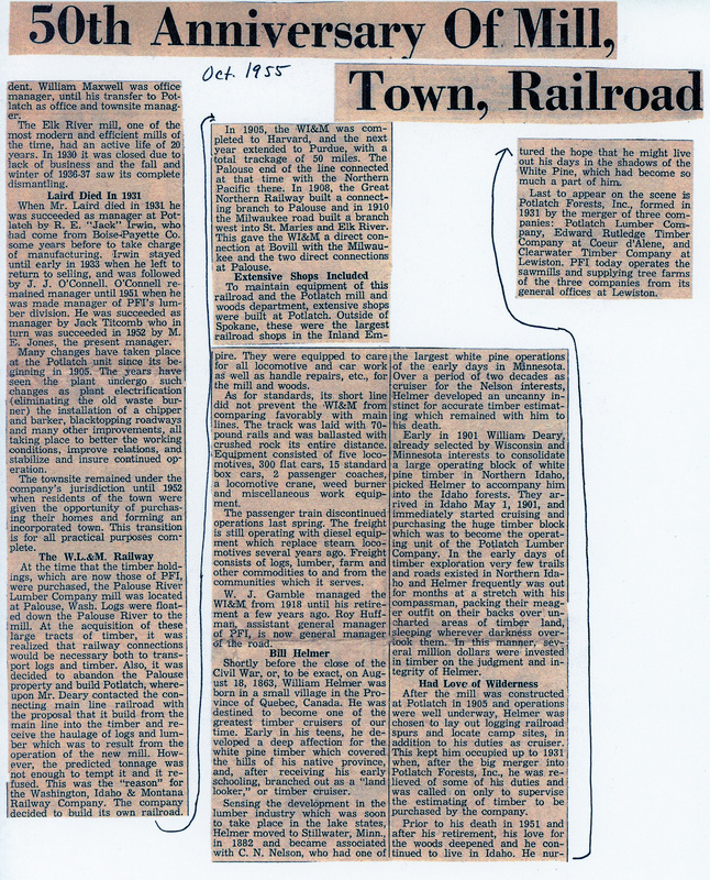 Newspaper article, "50th Anniversary of mill, town, railroad."