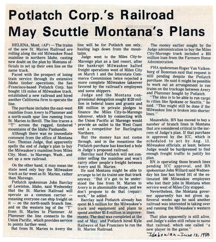 Newspaper article, "Potlatch Corp.'s Railroad may Scuttle Montana's Plans."