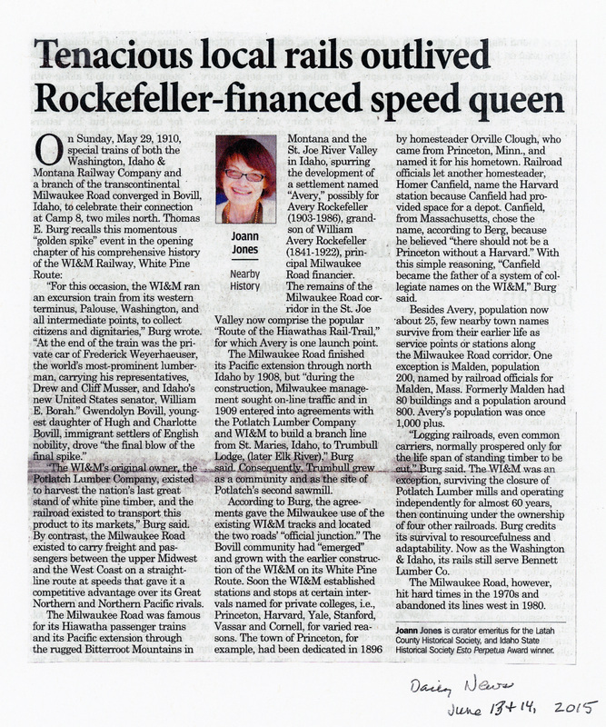 Newspaper article by Joann Jones, "Tenacious local rails outlived Rockefeller-financed speed queen."