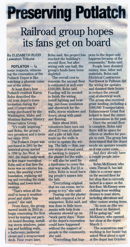 Newspaper article by Elizabeth Rudd, "Preserving Potlatch: Railroad gorup hopes its fans get on board."