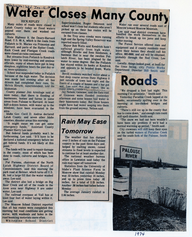 Newspaper article by Rick Ripley, "Water closes many county roads."