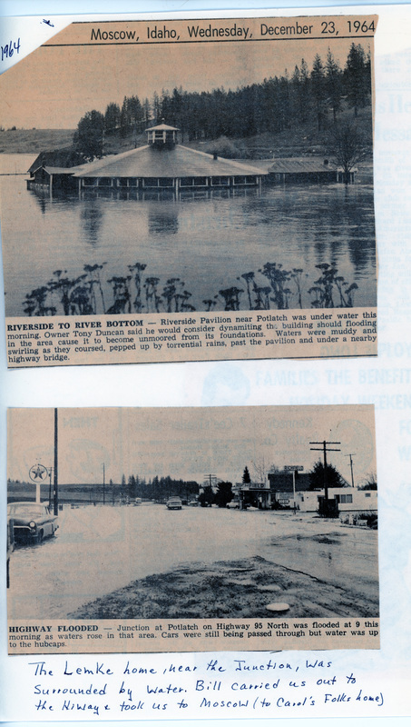 Newspaper photographs of Riverside Pavillion and Potlatch Junction flooded.