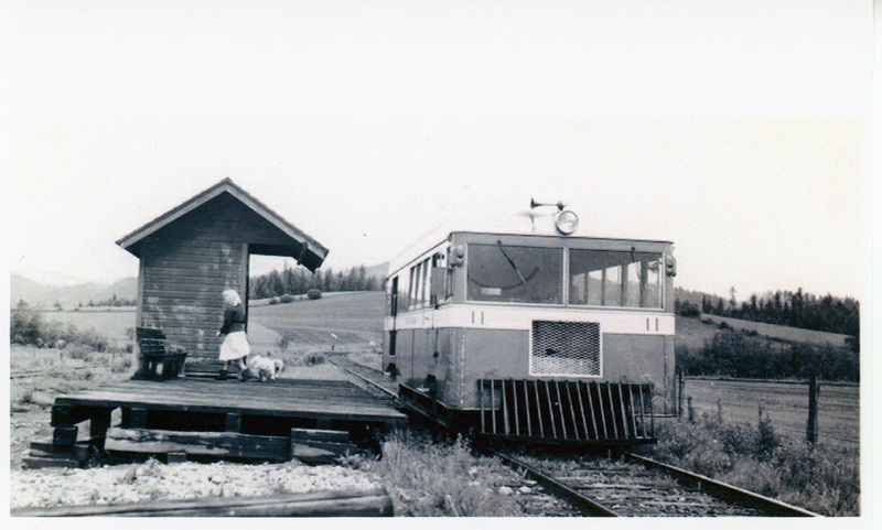 Photograph of the Potlatcher at the WI&M Railway station in Harvard with May Joyce Gilmore loading mail.