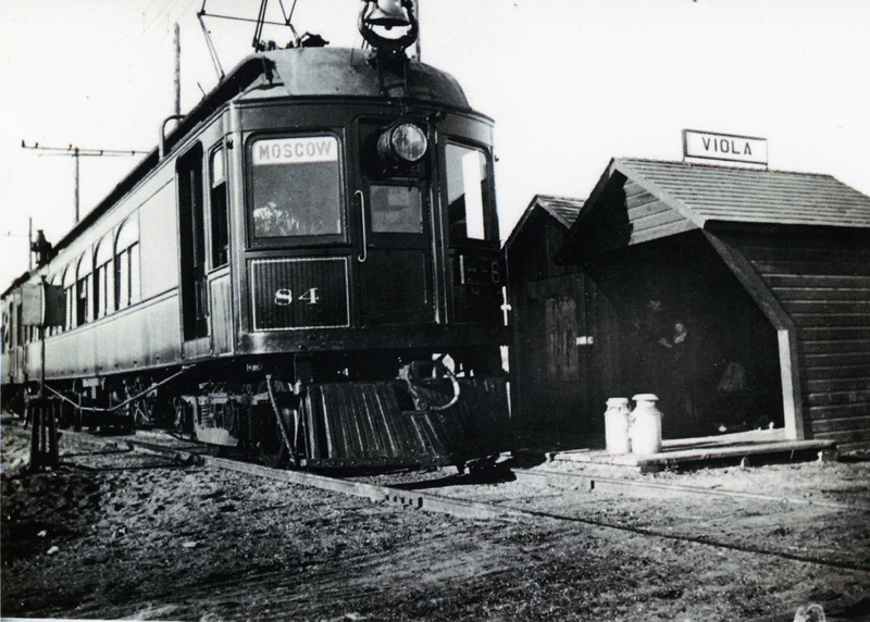 Photograph of the Viola Depot with the Spokane and Inland Empire Electric train.