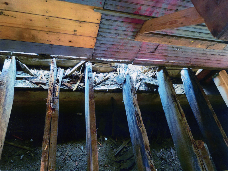 Photograph of the rotted floor and foundation of the north wall of the WI&M Depot Annex in Potlatch.