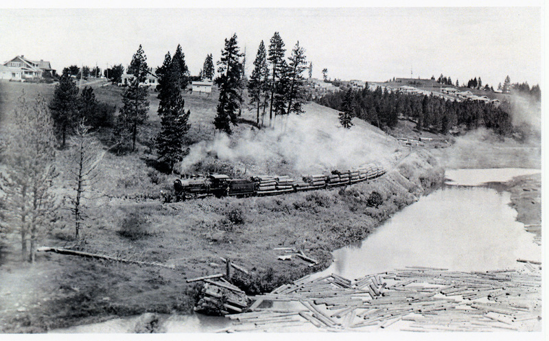 Photograph of the WI&M Railway log train along the Palouse River.
