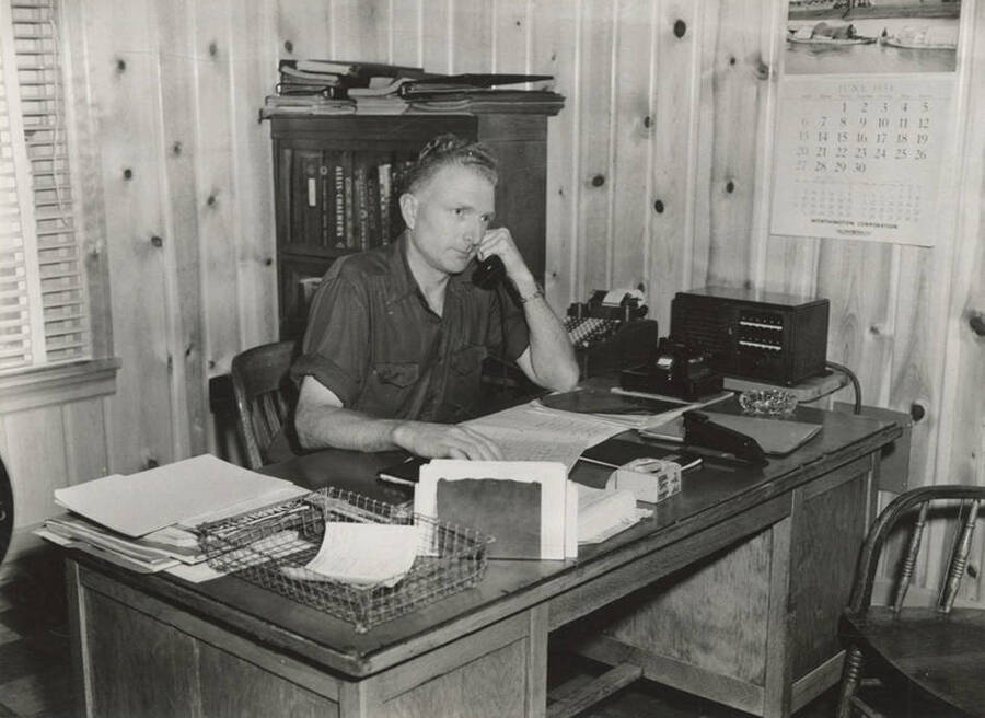 A photograph of a man at his desk on the phone.