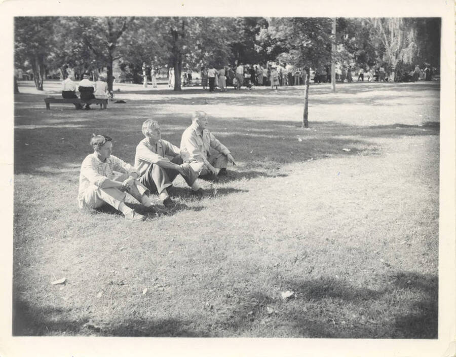 Three men sitting in the grass wit a large group of people behind them.