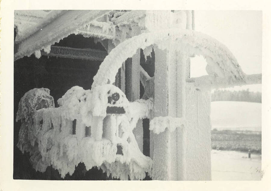 Beams and other parts of this building structure completely covered in ice crystals.