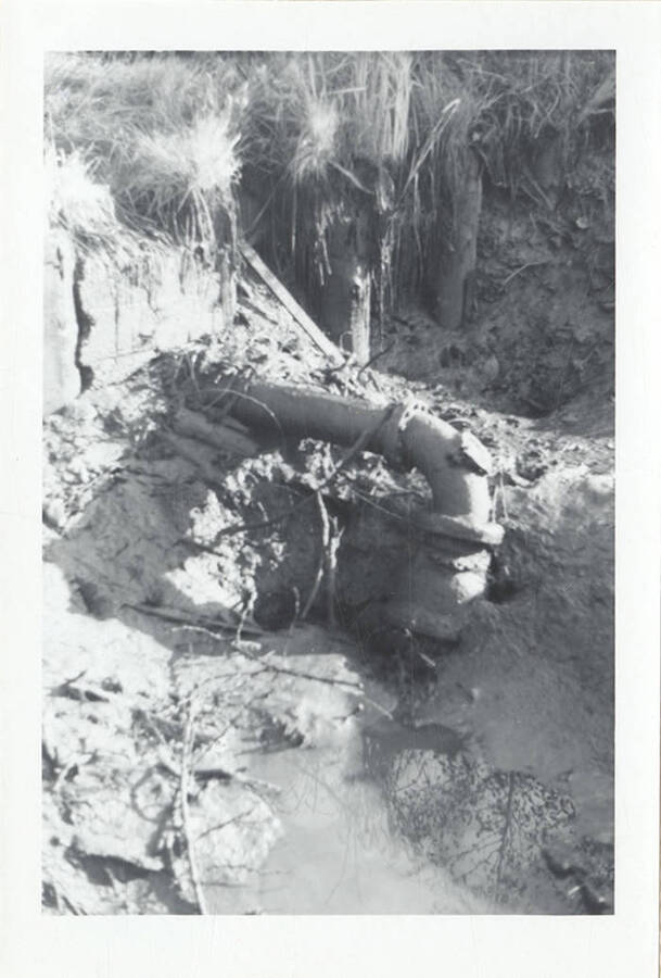 A photograph of a pipe in the mud of the ground.