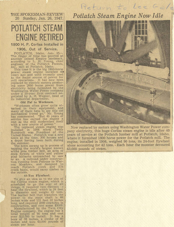 A news article about the retirement of the H.P. Corliss Engine that was installed in 1906.