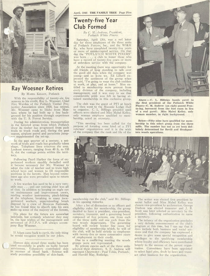 Page 5 from the Family Tree with articles about Ray Woesner retiring and the formation of the twenty-five year club.