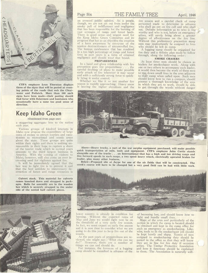 The continuation of an article from The Family Tree about keeping Idaho green throughout tourism and fire hazards.