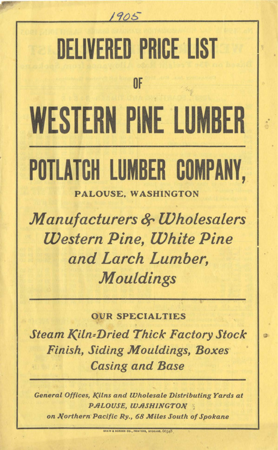 A document containing the delivered price list of western pine lumber and terms of purchase from the Potlatch Lumber Company in Palouse, Washington.