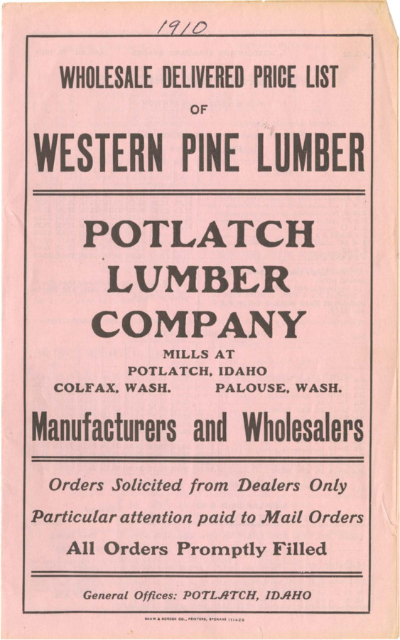 A document containing the wholesale delivered price list of western pine lumber along with the terms for purchase from the Potlatch Lumber Company.