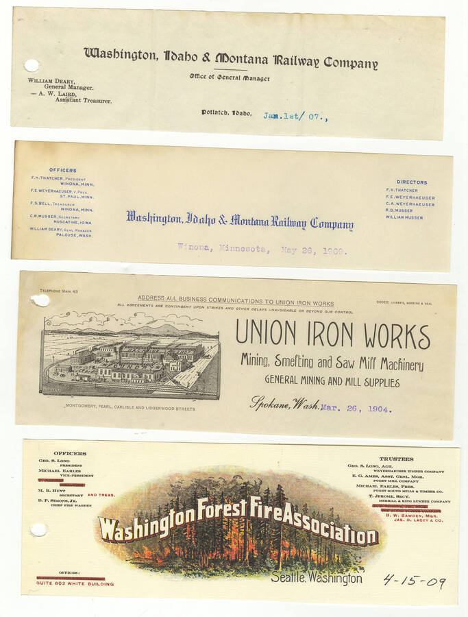 Letterheads for: Washington, Idaho & Montana Railway Company, Union Iron Works, and Washington Forest Fire Association.