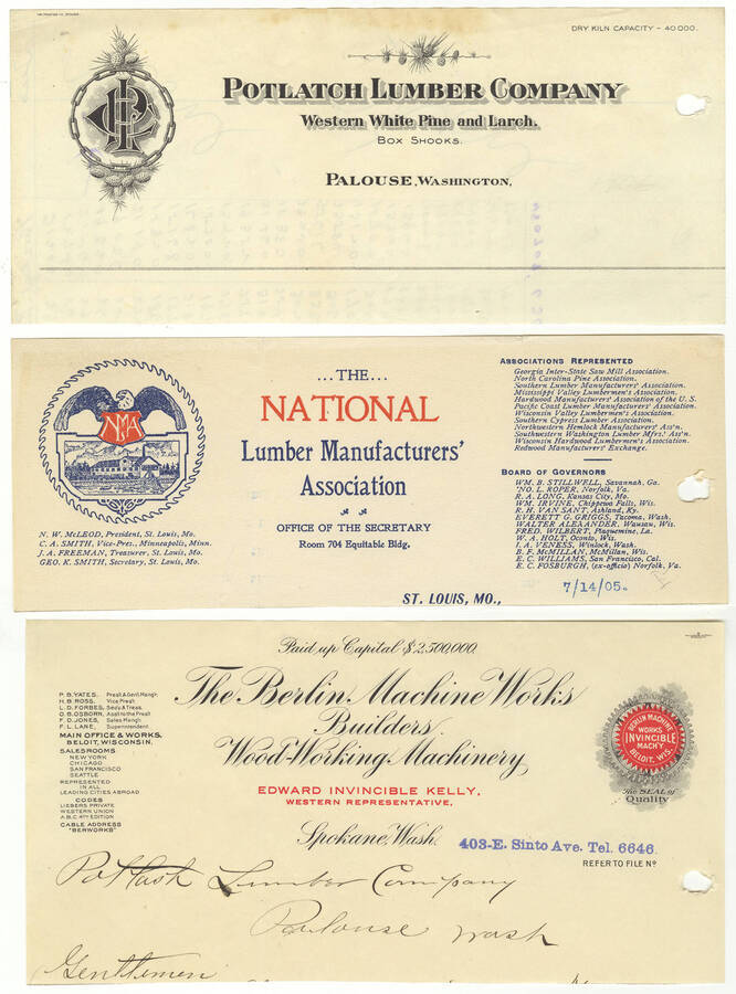 Letterheads for: Potlatch Lumber Company; The National Lumber Manufacturers' Association; and The Berlin Machine Works Builders Wood-Working Machinery.
