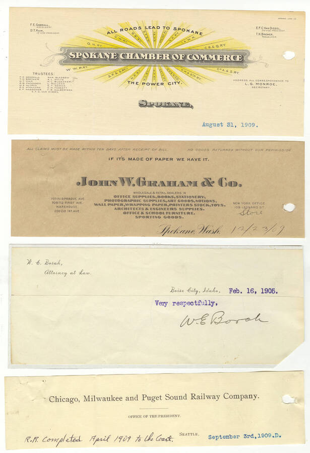 Letterheads for: Spokane Chamber of Commerce; John W. Graham & Co., wholesale and retail dealers of paper products; W. E. Borah, attorney at law of Boise City, Idaho; and the office of the president of the Chicago, Milwaukee, and Puget Sound Railway Company.