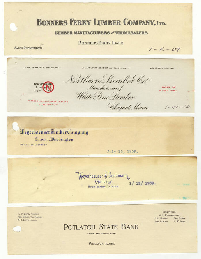 Letterheads for: Bonners Ferry Lumber Company, Northern Lumber Company, Weyerhaeuser Timber Company, Weyerhaeuser & Denkmann Company, and Potlatch State Bank.