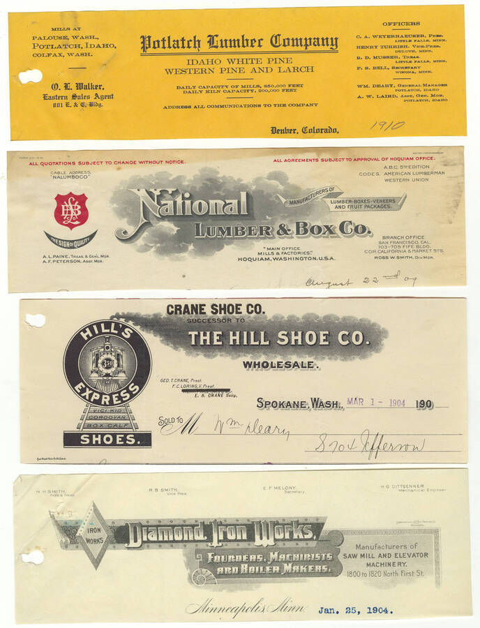 Letterheads for: the Potlatch Lumber Company, National Lumber & Box Co., Crane Shoe Company, and Diamond Iron Works.