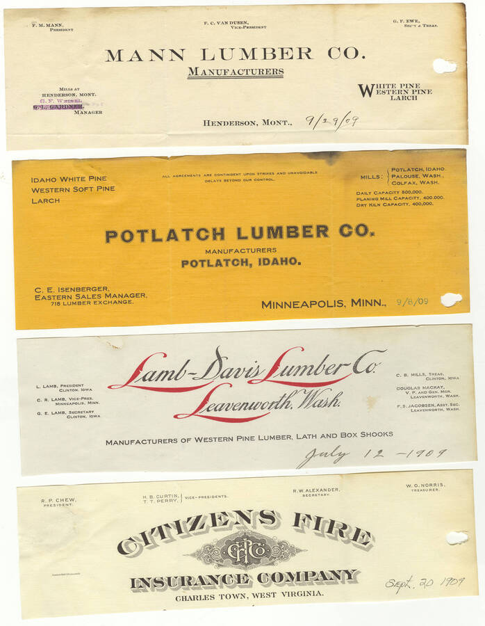 Letterheads for: Mann Lumber Company, Potlatch Lumber Company, Lamb-Darrs Lumber Company, and Citizens Fire Insurance Company.