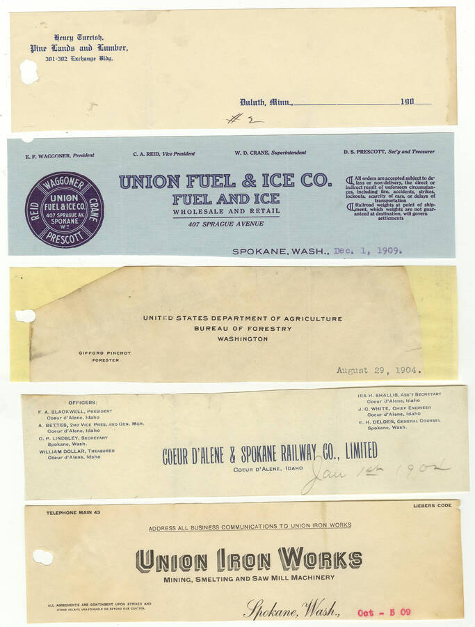 Letterheads for: Henry Turrish of Pine Lands and Lumber; Union Fuel & Ice Company; United States Department of Agriculture, Bureau of Forestry, Coeur D' Alene & Spokane Railway Company, Limited; and Union Iron Works of mining, smelting, and saw mill machinery.