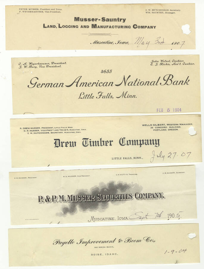 Letterheads for: Musser-Sauntry Land, Logging, and Manufacturing Company; the German American National Bank; Drew Timber Company; P.&P.M. Musser Securities Company, and Payette Improvement & Boom Company.