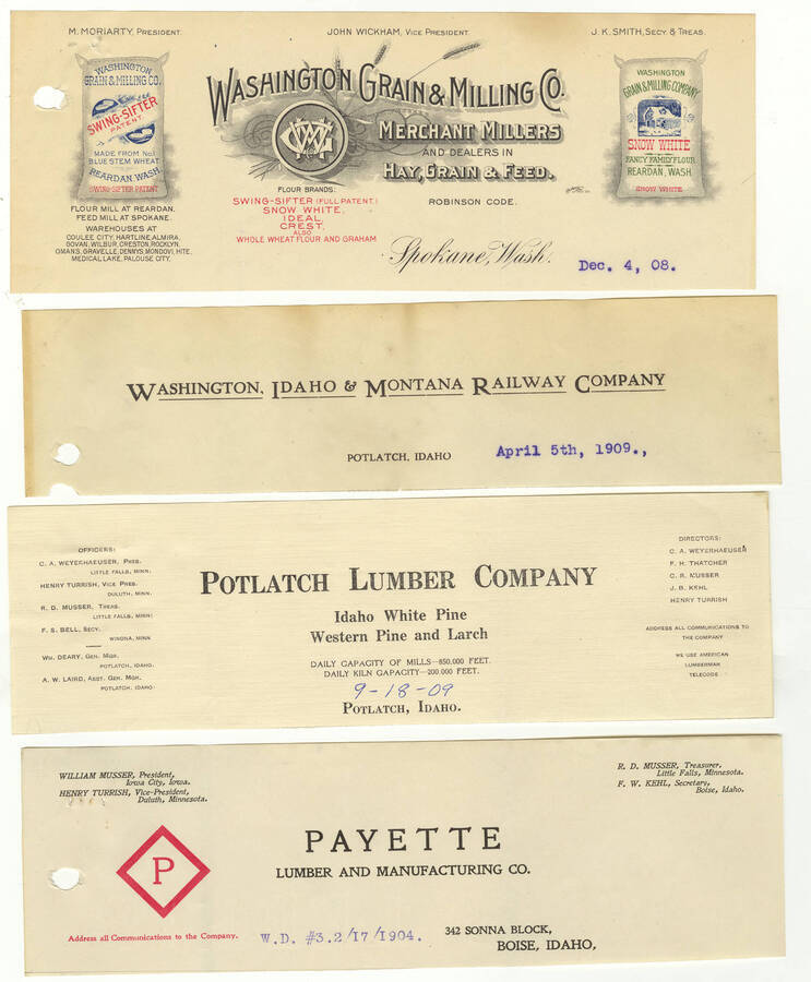 Letterheads for: Washington Grain & Milling Company, dealers in hay, grain, and feed; Washington, Idaho & Montana Railway Company; Potlatch Lumber Company; and Payette Lumber and Manufacturing Company.