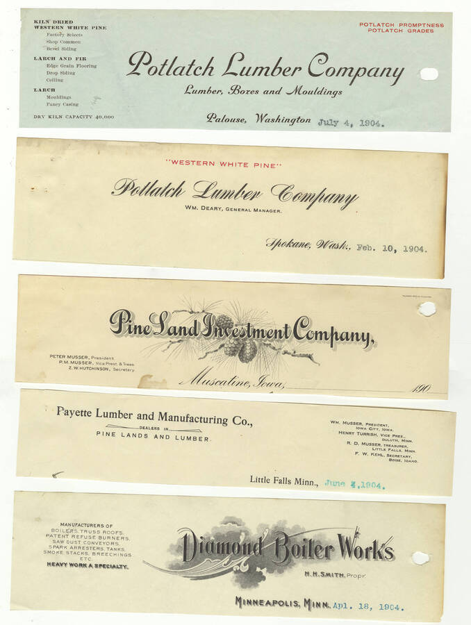 Letterheads for: Potlatch Lumber Company lumber, boxes, and moldings; Wm. Deary, General Manager of the Potlatch Lumber Company; Pine Land Investment Company; Payette Lumber and Manufacturing Company; and Diamond Boiler Works.