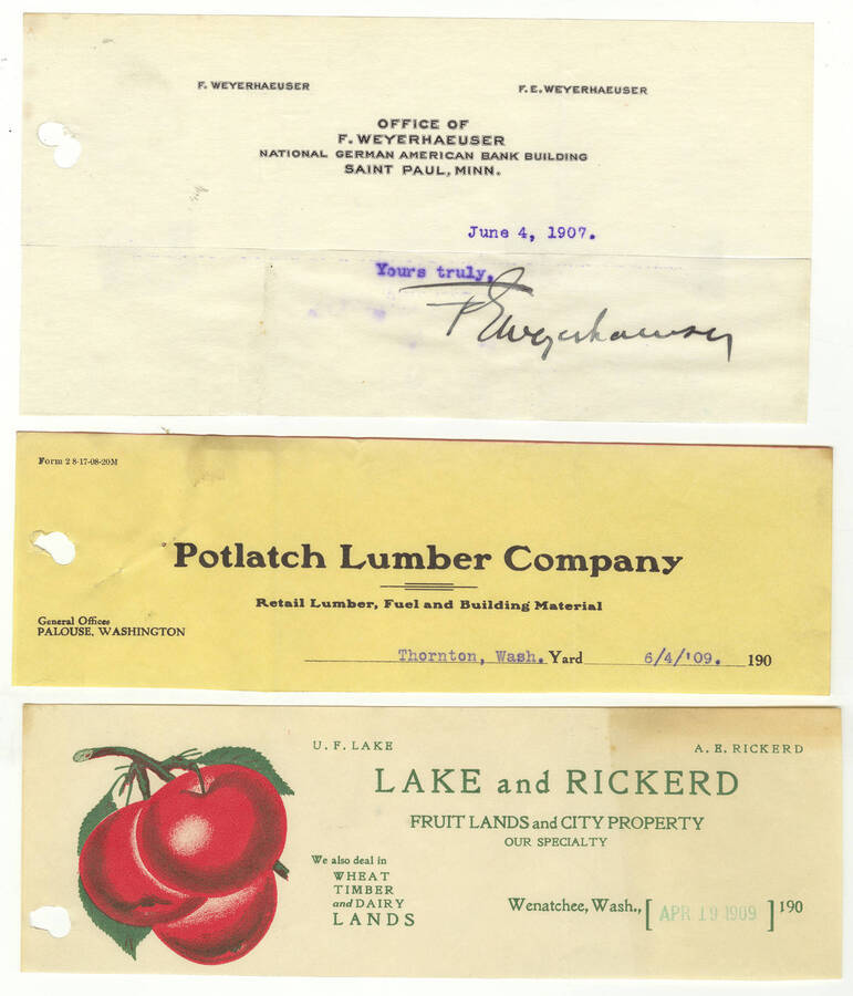 Letterheads for: the office of F. Weyerhaeuser, Potlatch Lumber Company, and Lake and Rickerd fruit lands and city property.