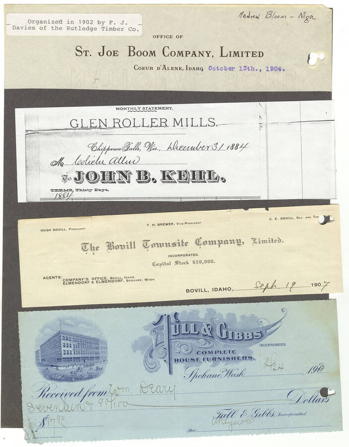 Letterheads for: the office of St. Joe Boom Company, Limited, organized by F.J. Davies of the Rutledge Timber Company; Glen Roller Mills monthly statements; The Bovill Town site Company, Limited; and Tull an Gibbs, complete house furnishers.