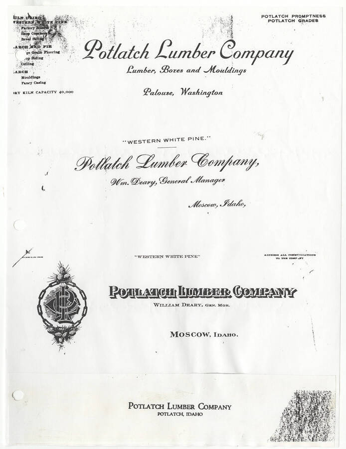 Letterheads for: lumber, boxes, and moldings; Wm. Deary, general manager, and general operations of the Potlatch Lumber Company.