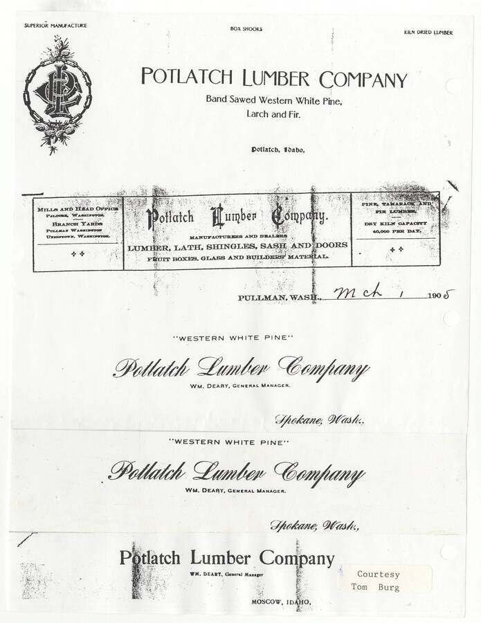 Letterheads for various aspects of the Potlatch Lumber Company courtesy of Tom Burg.